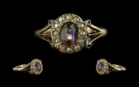 Victorian Period 1837 - 1901 Attractive Ladies 9ct Gold Seed Pearl and Amethyst Set Cluster Ring,