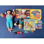 Collection of Old Toys and Games including clown on trapeze, friction bus, moveable dog (battery