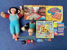 Collection of Old Toys and Games including clown on trapeze, friction bus, moveable dog (battery