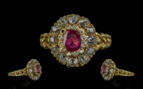 Antique Period Excellent 18ct Gold Diamond and Ruby Set Cluster Ring, c.1850's. Marked 18ct to