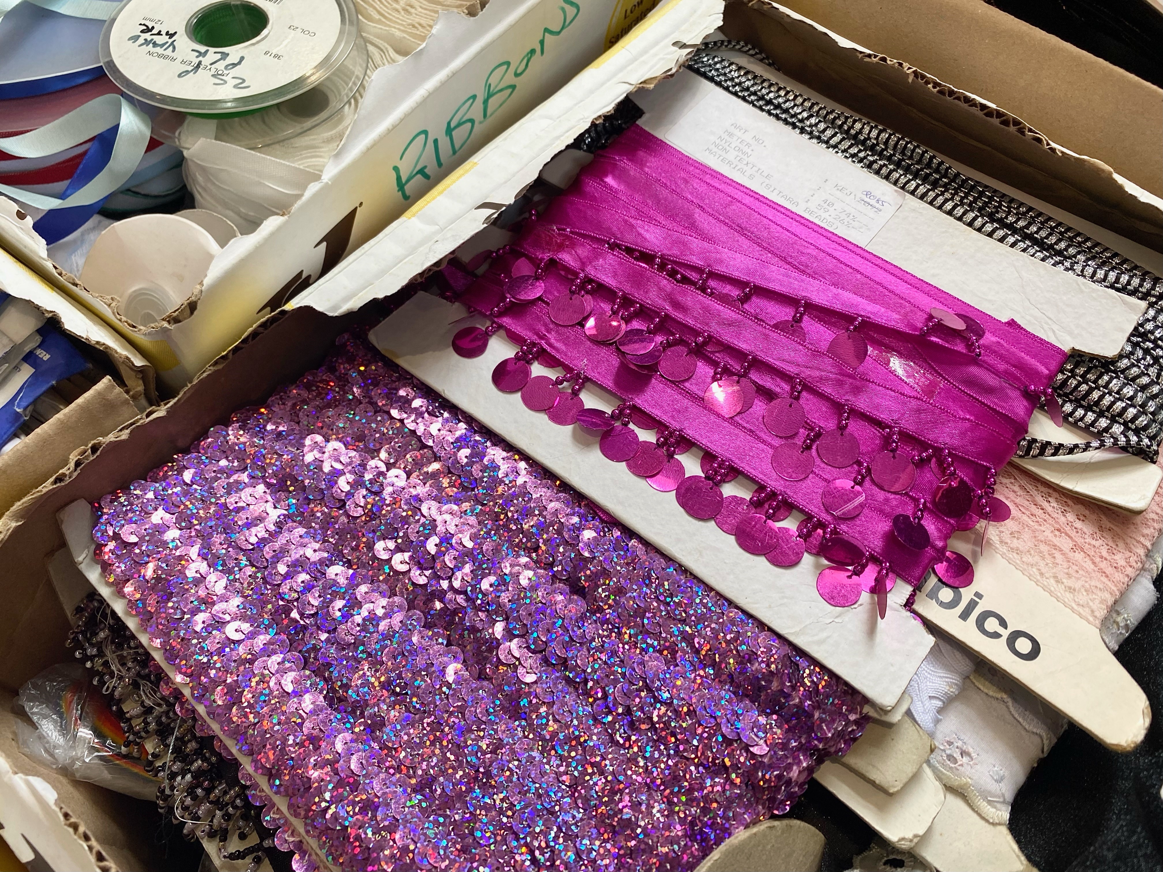 Large Quantity of Haberdashery, in 13 boxes, comprising ribbon, zips, trims, decorations, beaded - Image 4 of 6