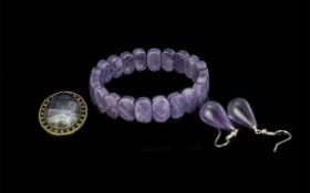 Amethyst Set of Earrings, Brooch & Bracelet, expanding bracelet, with matching drop earrings and