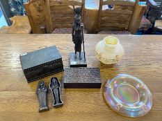 A Small Mixed Lot to include, a Fenton glass vase and stand, a hinged carved wooden cigar box, an