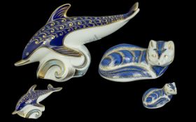 Royal Crown Derby Pair of Hand Painted Figural Paperweights ( 2 ) Comprises 1/ Dolphin, Modelled