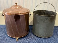 Large Copper Coal Scuttle & Bucket, lidded bucket measures 17'' high, raised on three legs, together