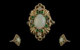 Ladies - Attractive and Superb 14ct Gold Opal Diamond and Emerald Set Ring of Excellent Design.