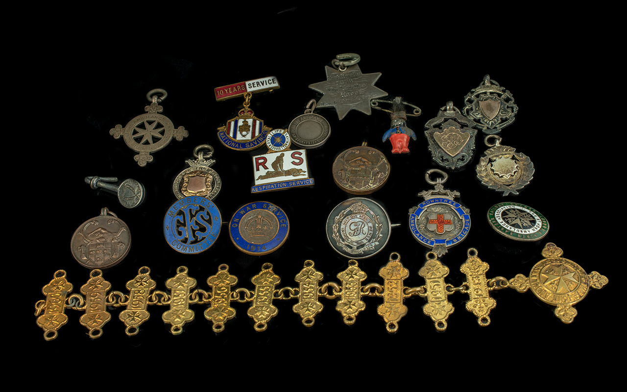 Collection of Vintage Badges, including St John's Ambulance, football badges, York Regatta, Royal