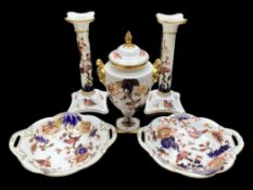 Coalport Bone China Set, comprising a pair of 8.5'' candlesticks, and a matching 9'' lidded twin