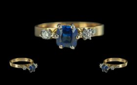Ladies 18ct Gold Attractive 3 Stone Sapphire and Diamond Set Ring. Marked 18ct to Shank. The Blue
