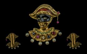 18ct Gold and Enamel Brooch In the Form of a Bust of a Harlequin with Black Mask, Set with Diamonds,