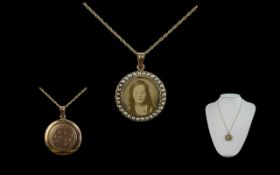Antique Period Attractive 9ct Gold Circular Hinged Double Photo Locket - Set with Seed Pearls.