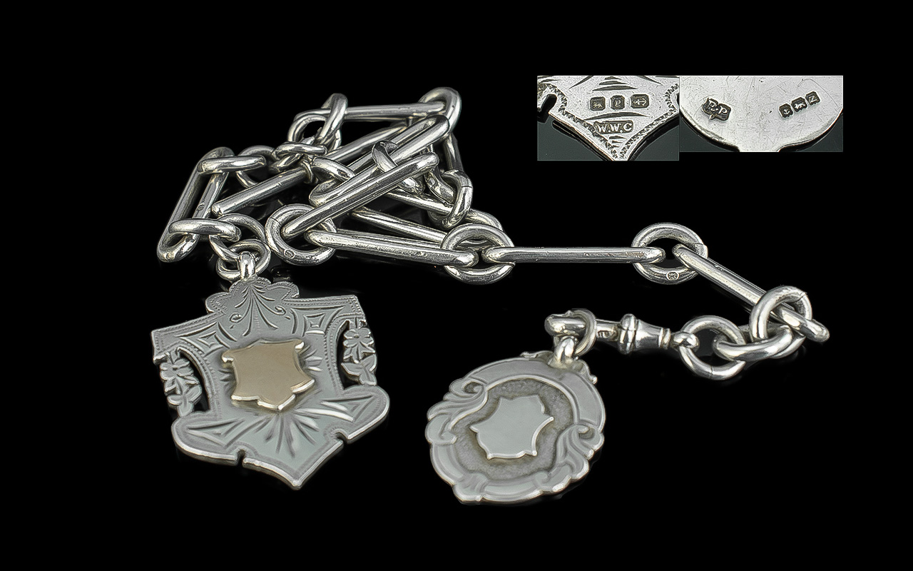 Victorian Fancy Link Silver Albert Chain with two fobs and T-bar, a lovely quality and unusual