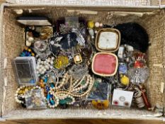 Box of Costume Jewellery, comprising brooches, earrings, crystal set necklaces, beads, pearls,