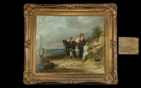 Large Oil Painting on Canvas Coastal Scene with Figures at a Spring, Sea In Distance with Boat.