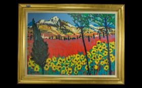 John Michael Saville Oil Painting, 'Sunflowers in Les Apilles Provence'. Brightly painted oil on