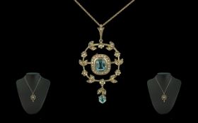 Edwardian Period 1902-1910 Attractive 9ct Gold Aquamarine & Seed Pearl Set Pendant Drop & Chain,