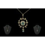 Edwardian Period 1902-1910 Attractive 9ct Gold Aquamarine & Seed Pearl Set Pendant Drop & Chain,