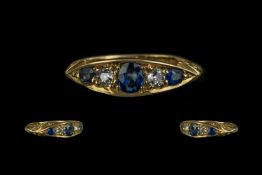 Edwardian Period - Attractive 18ct Gold Five Stone Diamond and Blue Sapphire Set Dress Ring. Full