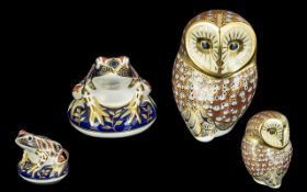 Royal Crown Derby Pair of Hand Painted Porcelain Paperweights. Comprises 1/ Barn Owl, Gold