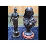 Two Bronzed Figures, comprising a Grecian lady mounted on a plinth, measures 15'' tall, and a bust
