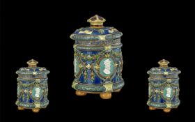 Wedgwood Majolica Handpainted Lidded Tobacco Jar, raised on four ball feet, Sir Walter Raleigh