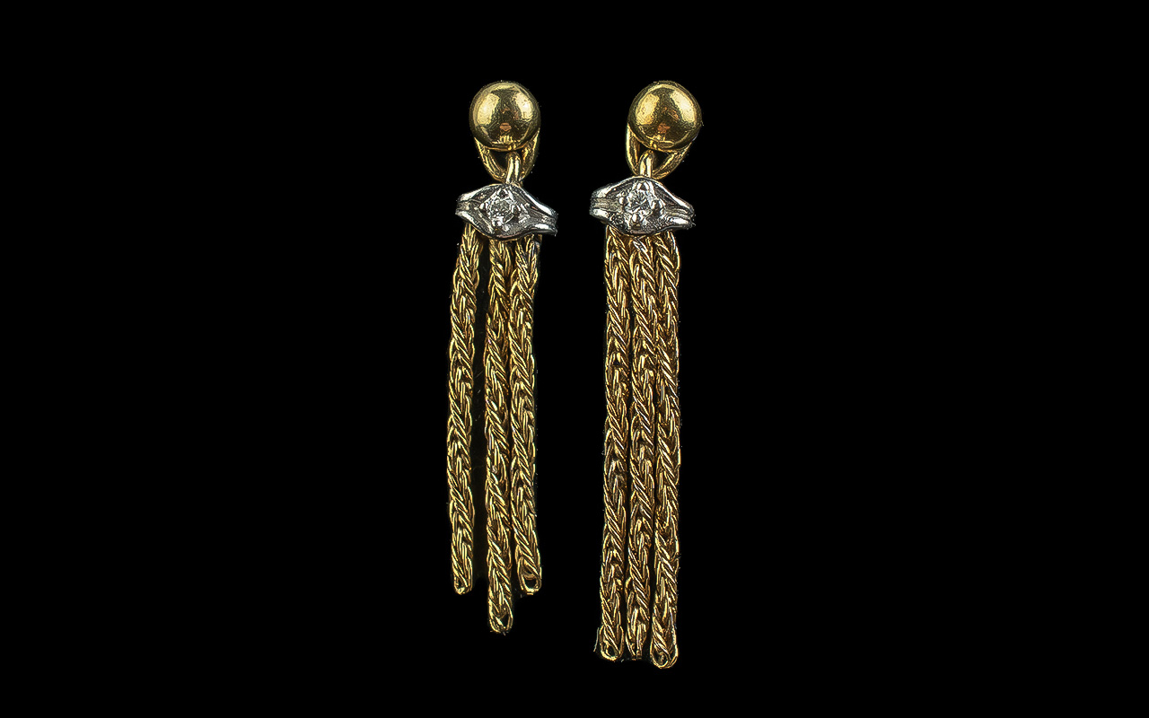9ct Gold & Diamond Vintage Tassel Earrings, from Preston's of Bolton. Each earring has three