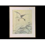 Oriental Silk Framed Picture, depicting a bird flying, image measures 19'' x 15'', mounted framed