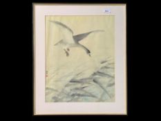 Oriental Silk Framed Picture, depicting a bird flying, image measures 19'' x 15'', mounted framed