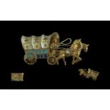 18ct Gold - Enamel Figural Brooch. Depicting Horse Drawn Wagon with Figure Holding a Whip Seated.