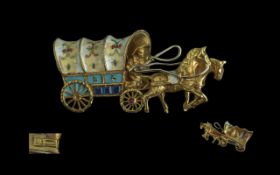 18ct Gold - Enamel Figural Brooch. Depicting Horse Drawn Wagon with Figure Holding a Whip Seated.