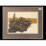 Ray Haslam Print, dated 1970, pencil signed to bottom right, depicting a scrap yard. Mounted, framed