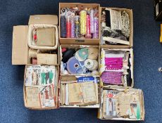 Large Quantity of Haberdashery, in 13 boxes, comprising ribbon, zips, trims, decorations, beaded