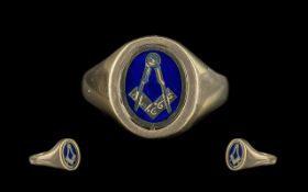 Gent's 9ct Gold Masonic Ring, full hallmark to shank. Masonic symbols on blue enamel ground to front