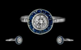 Art Deco Period Ladies - 18ct White Gold Elegant Diamond and Sapphire Set Dress Ring. Marked 18ct to