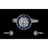 Art Deco Period Ladies - 18ct White Gold Elegant Diamond and Sapphire Set Dress Ring. Marked 18ct to