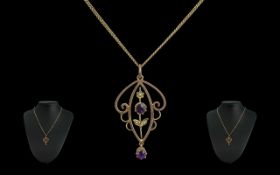 Antique 9ct Gold Amethyst and Seed Pearl Pendant, an attractive Victorian pendant set with amethysts