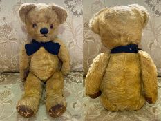 Vintage Teddy Bear, moveable limbs, mohair golden fur, measures 18'' high.