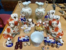 Collection of Staffordshire Dogs & Flatbacks, comprising a pair of 10'' russet and white dogs, 3 x