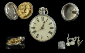 Mid Victorian Period Superb Sterling Silver Pair Cased Pocket Watch - With Verge Movement.