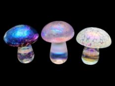 Three John Ditchfield Glasform Iridescent Mushroom Paperweights, all with Glasform paper labels