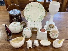 Box of Pottery, including Beleek set of tea pot, sugar bowl, dish, pin dish, honey pot, candle