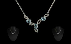 Ladies 18ct White Gold Superb Diamond and Aquamarine Set Necklace. Marked 750 - 18ct. The