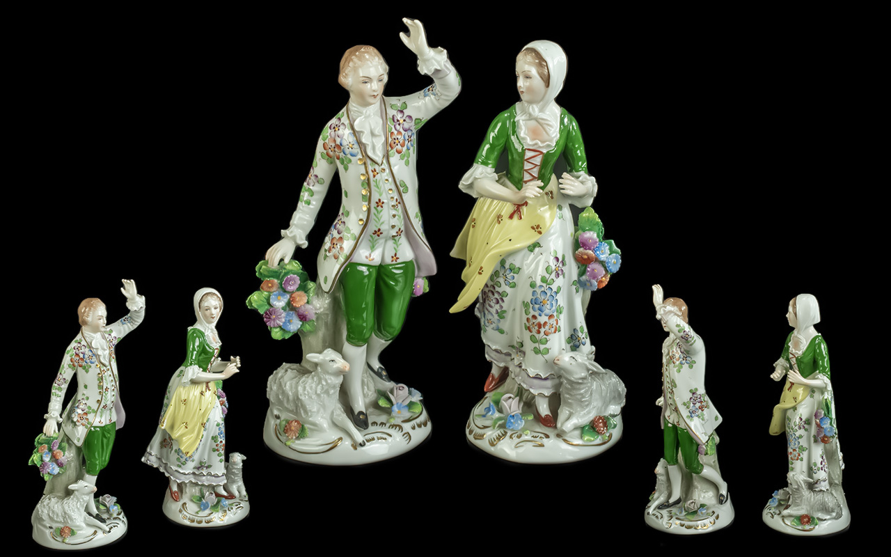 Pair Of Sitzendorf Figurines, Shepherd and shepherdess, Height 6½ Inches