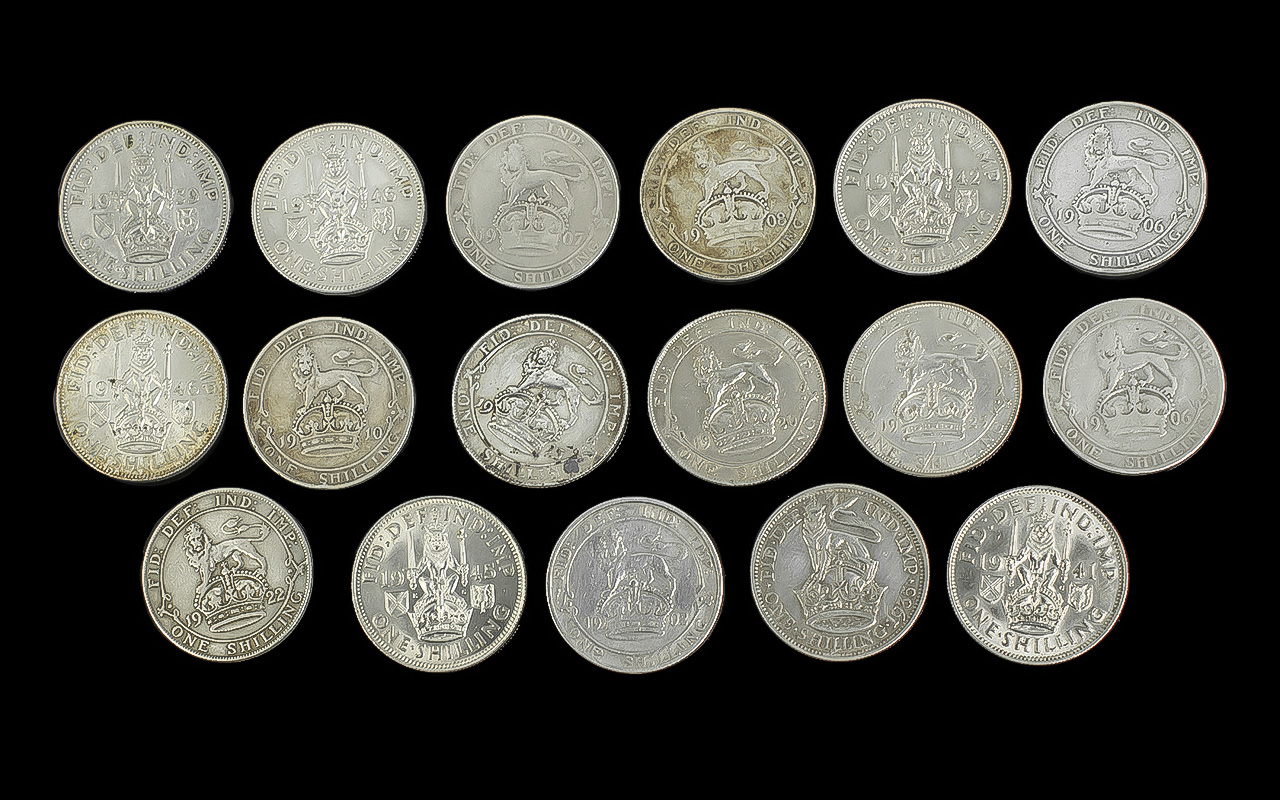 Selection of English Shillings, Various Dates and Conditions. Includes 1902 - 1, 1906 - 2, 1907 - 1,