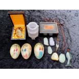 Collection of Small Oriental Items, comprising three stone eggs painted with figures of Geisha girls