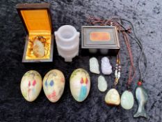 Collection of Small Oriental Items, comprising three stone eggs painted with figures of Geisha girls