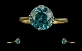 18ct Gold Superior Blue Zircon Single Stone Set Ring - Circa 1920's. Marked 18ct To Interior Of