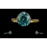 18ct Gold Superior Blue Zircon Single Stone Set Ring - Circa 1920's. Marked 18ct To Interior Of