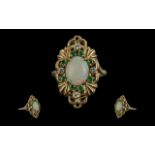 Ladies - Attractive and Superb 14ct Gold Opal Diamond and Emerald Set Ring of Excellent Design.