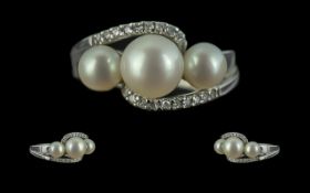 Ladies Pearl and Diamond Ring Set In 9ct White Gold. Superior Ring Set with Pearls and Channel Set